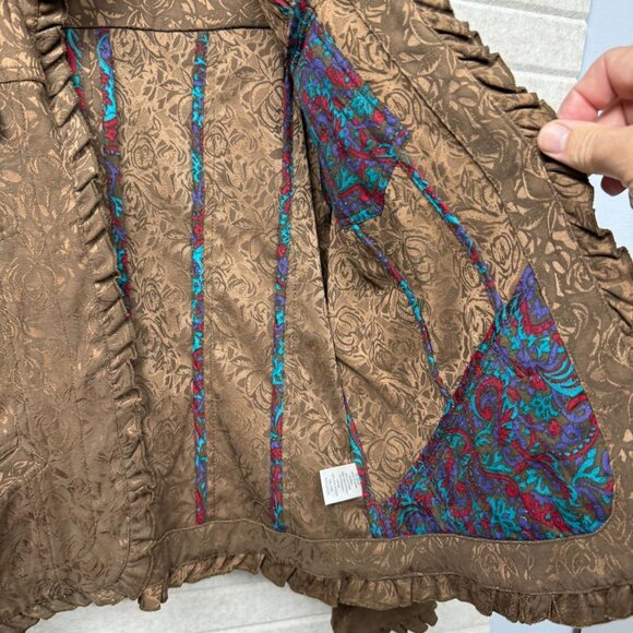 Coldwater Creek Women’s S Brown Brocade Jacket Ruffle Trim Color-Lining Luxury - Picture 4 of 10